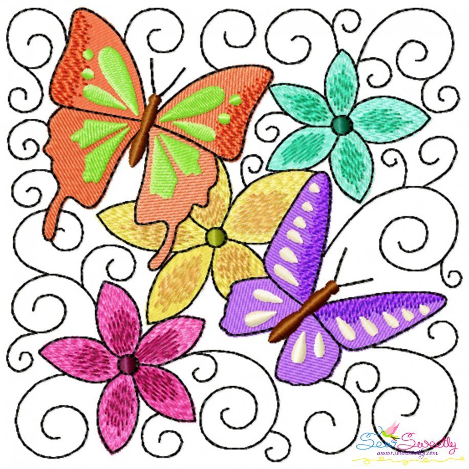 Butterfly And Flowers Quilt Block-2 Embroidery Design Pattern
