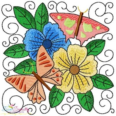 Butterfly And Flowers Quilt Block-1 Embroidery Design Pattern-1
