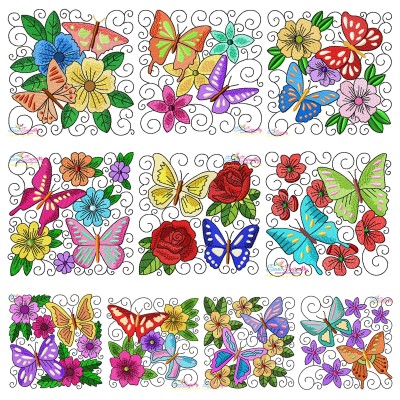 Butterfly And Flowers Quilt Blocks Embroidery Design Pattern Bundle-1