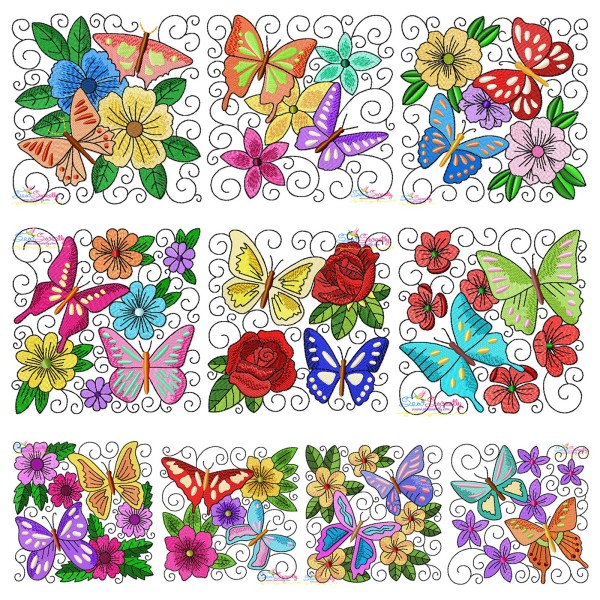Butterfly And Flowers Quilt Blocks Embroidery Design Bundle-1