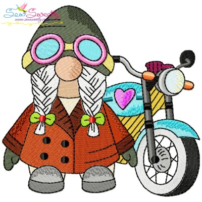 Biker Gnome Girl Sports Embroidery Design Pattern-1