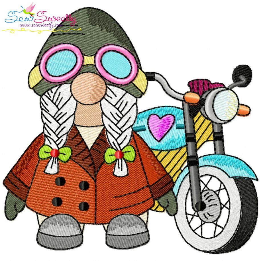 Biker Gnome Girl Sports Embroidery Design Pattern