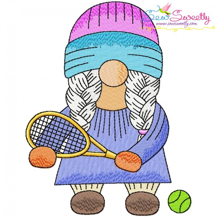 Free Gnome Tennis Girl Sports Embroidery Design Pattern-1