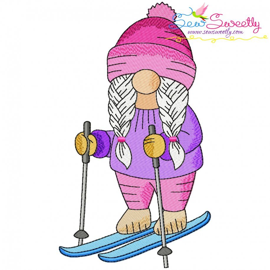 Gnome Skiing Girl Sports Embroidery Design Pattern