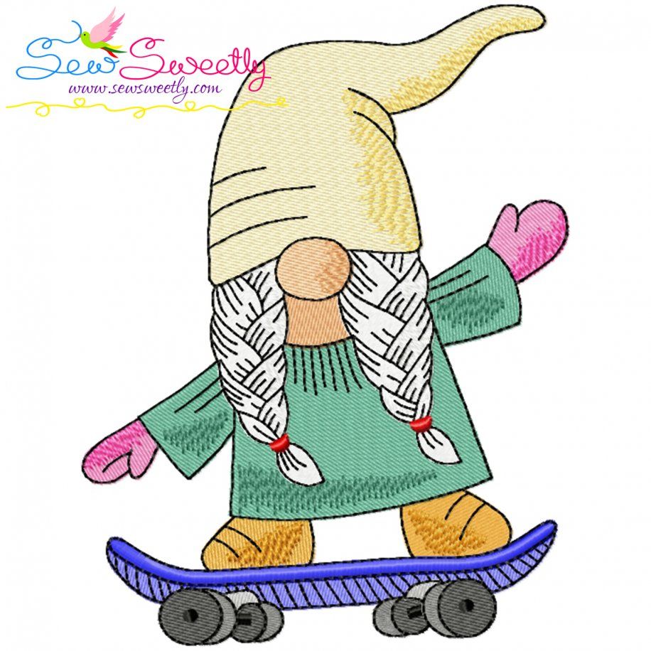 Gnome Skateboard Girl Sports Embroidery Design Pattern-1