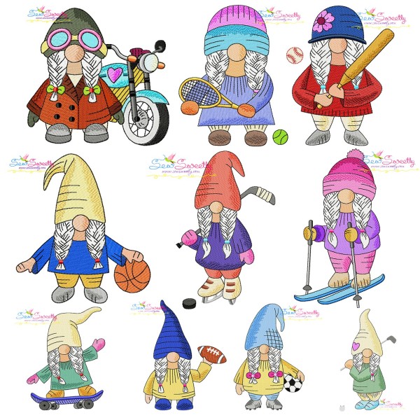 Sports Gnomes Girls Embroidery Design Bundle-1