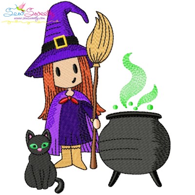 Halloween Cauldron Cat And Witch Embroidery Design Pattern-1