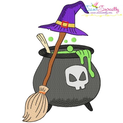 Halloween Cauldron Broom And Witch Hat Embroidery Design Pattern-1