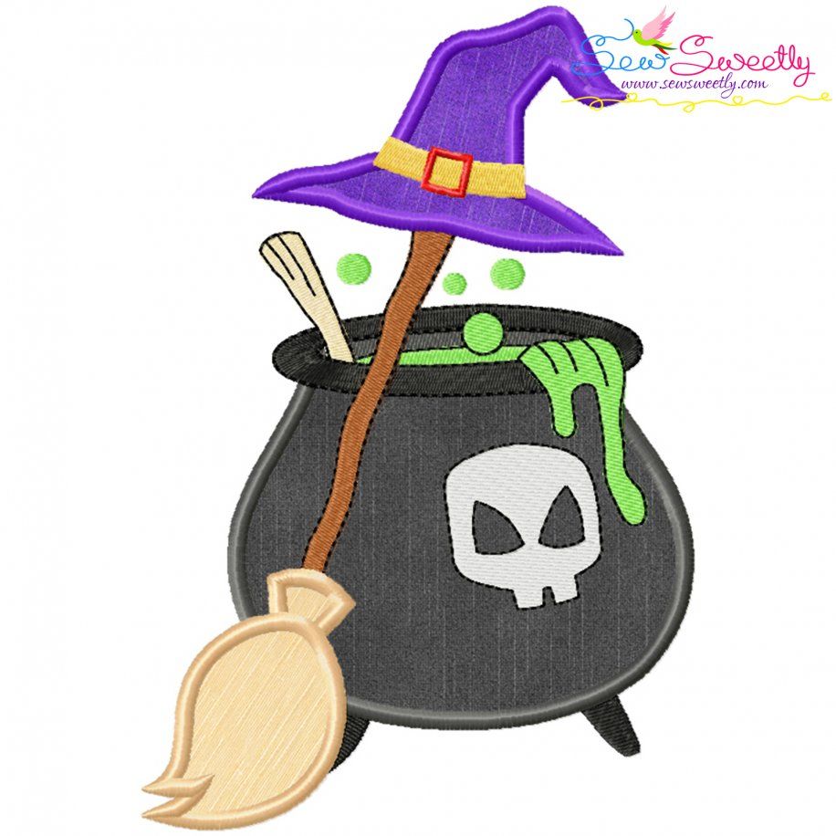 Halloween Cauldron Broom And Witch Hat Applique Design- 1