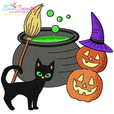 Halloween Cauldron Cat And Pumpkins Embroidery Design Pattern-1
