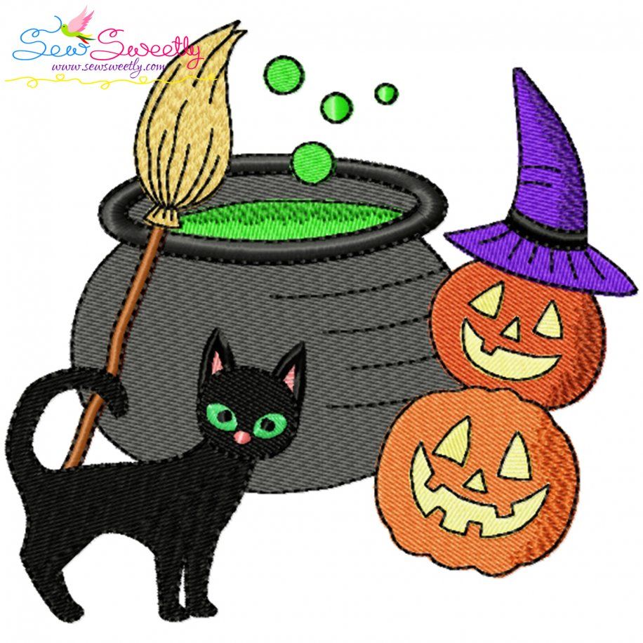 Halloween Cauldron Cat And Pumpkins Embroidery Design Pattern