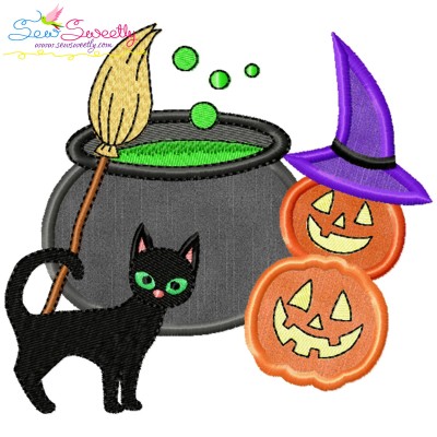 Halloween Cauldron Cat And Pumpkins Applique Design Pattern-1