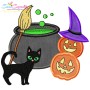 Halloween Cauldron Cat And Pumpkins Applique Design Pattern-1