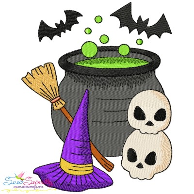 Halloween Cauldron Witch Hat And Skulls Embroidery Design Pattern-1