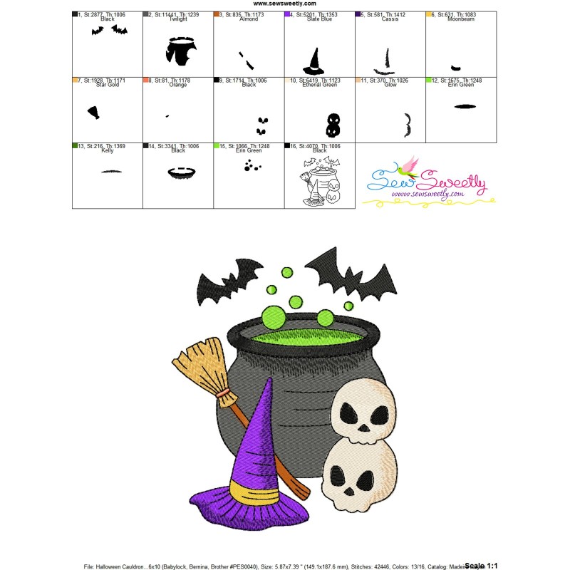 Halloween Cauldron Witch Hat And Skulls Embroidery Design Pattern