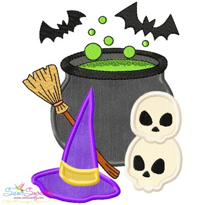 Halloween Cauldron Witch Hat And Skulls Applique Design Pattern-1