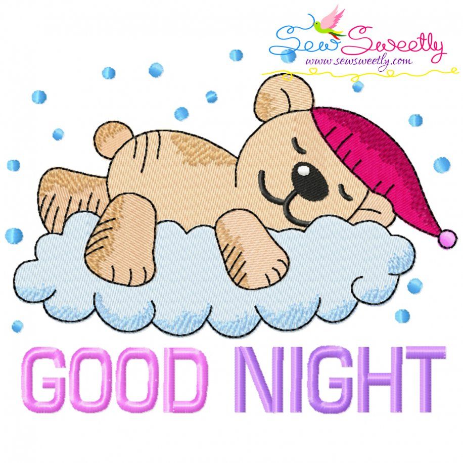 Good Night Bear With Cloud Lettering Embroidery Design- 1