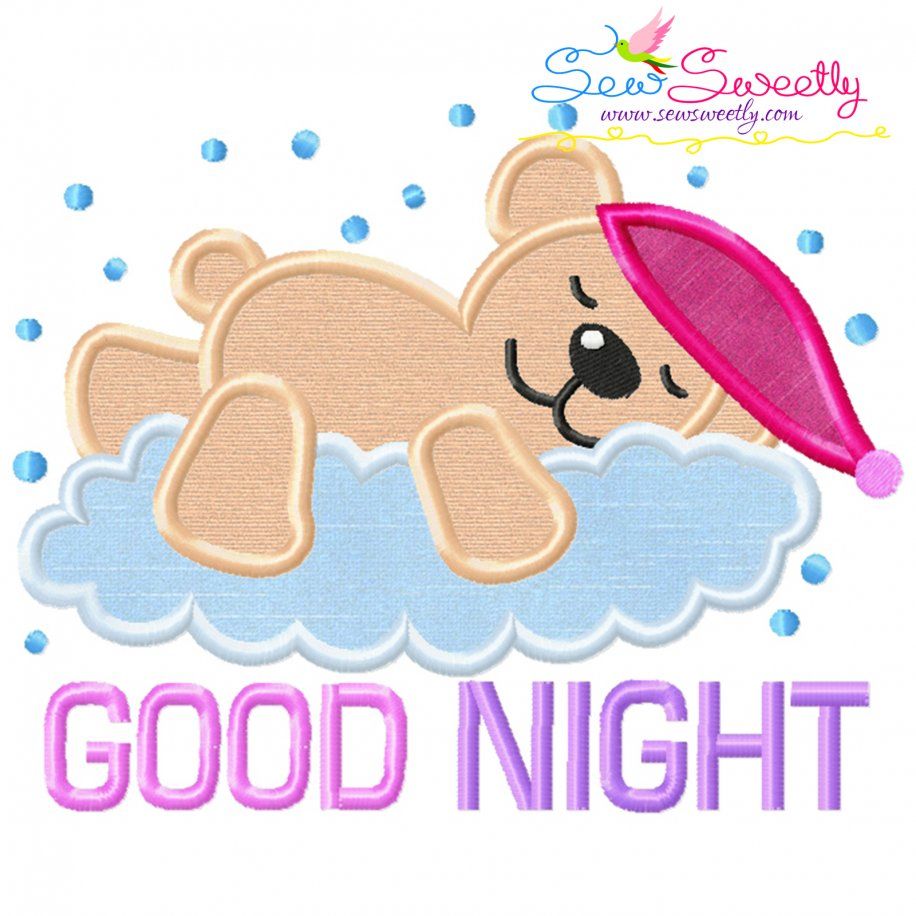 Good Night Bear With Cloud Lettering Applique Design- 1