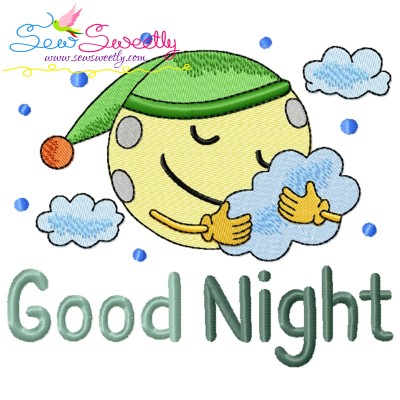 Good Night Moon With Clouds Lettering Embroidery Design Pattern-1