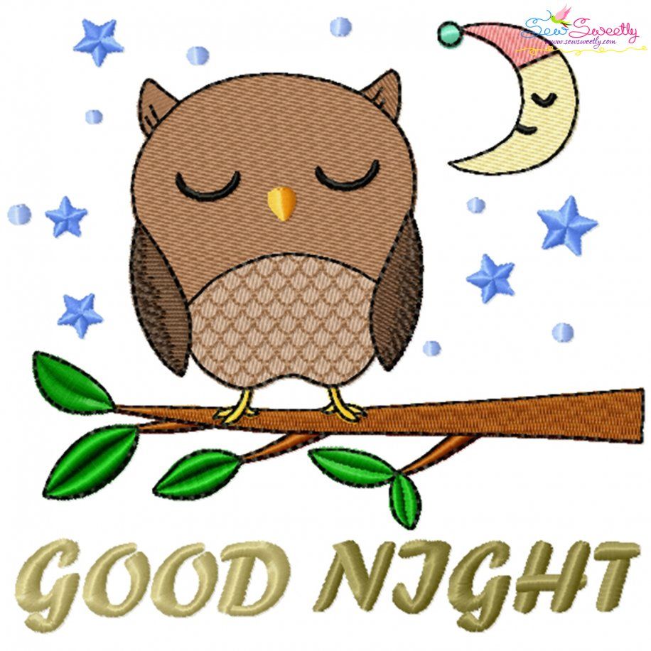 Good Night Owl Lettering Embroidery Design Pattern