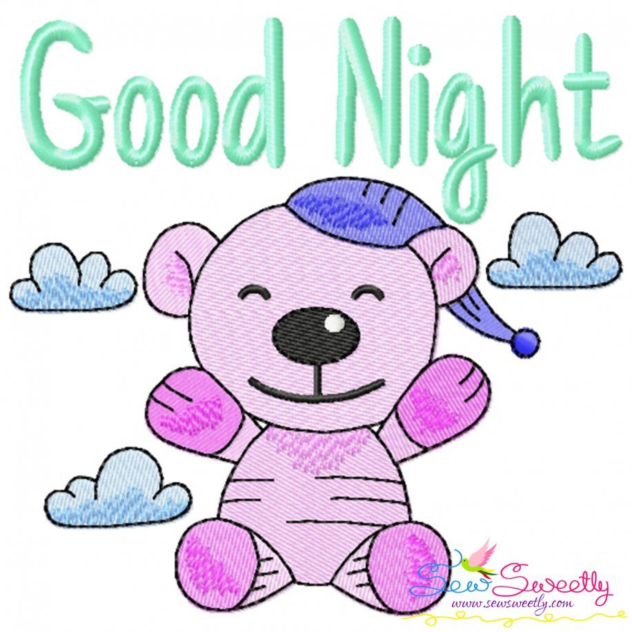 Good Night Teddy Bear Lettering Embroidery Design Pattern