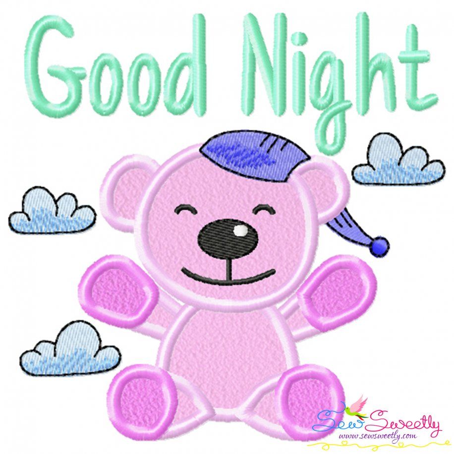 Good Night Teddy Bear Lettering Applique Design