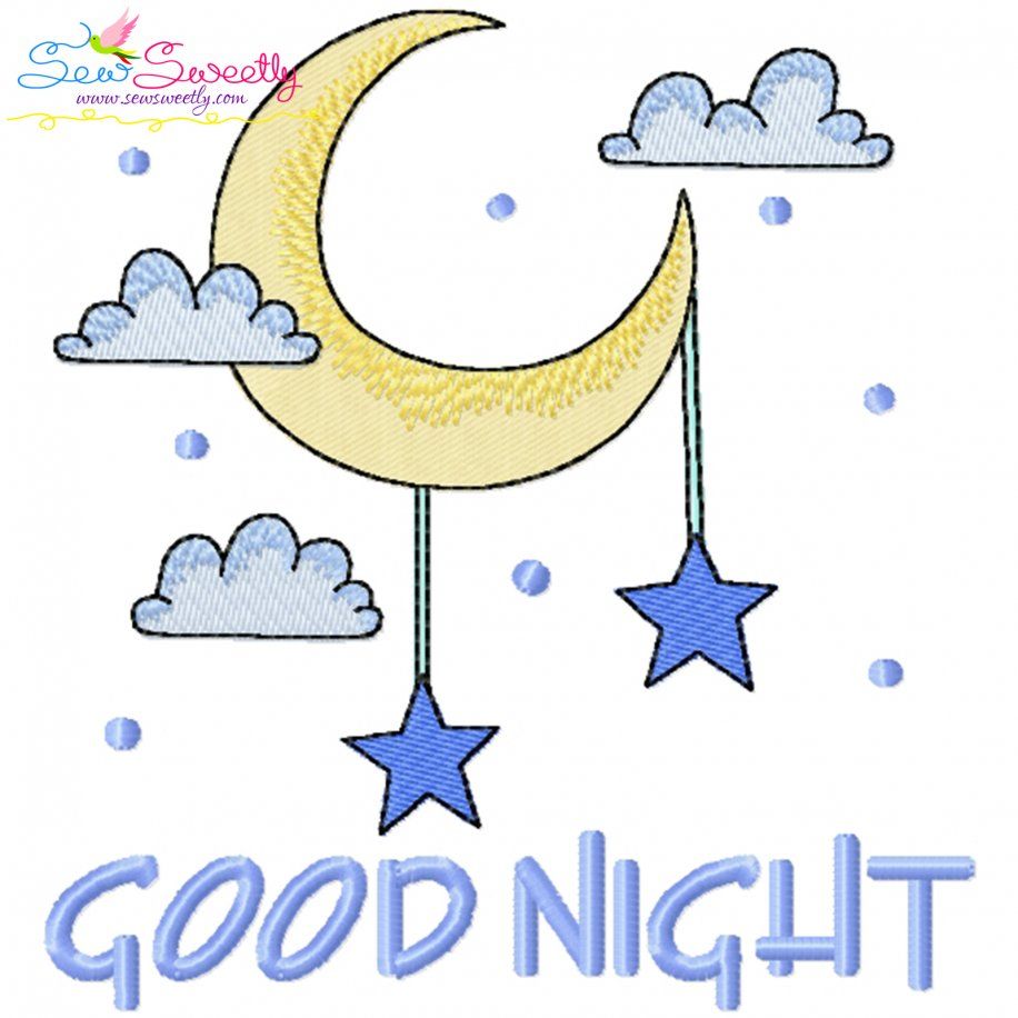Good Night Moon And Stars Lettering Embroidery Design Pattern