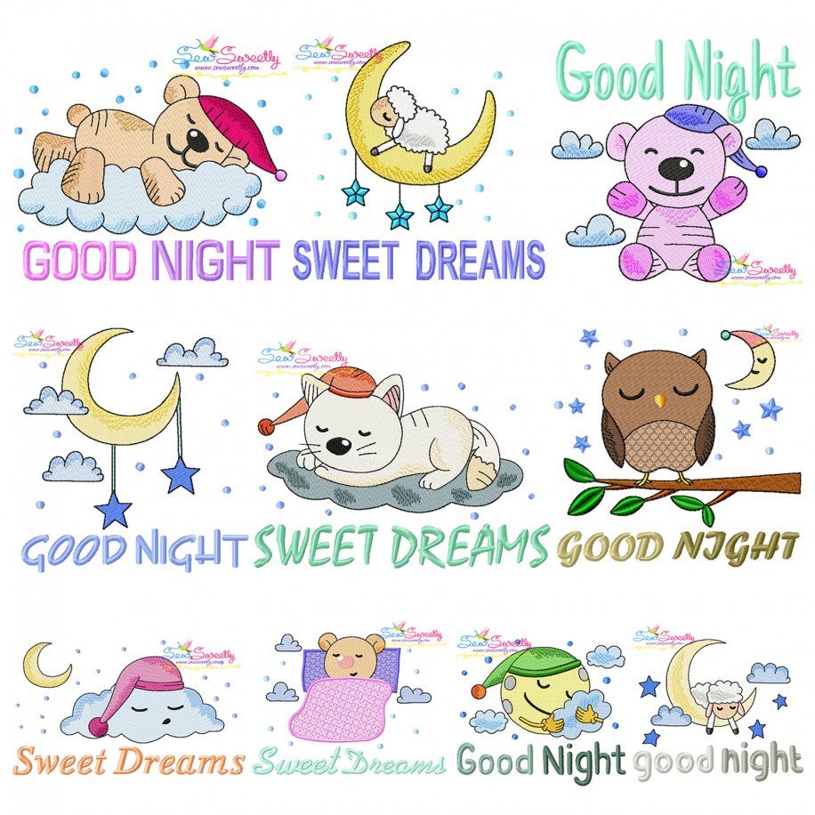 Good Night And Sweet Dreams Lettering Embroidery Design Bundle- 1