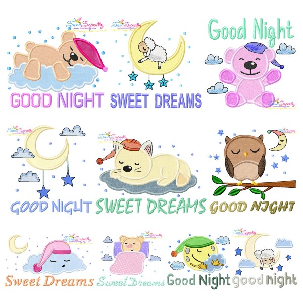 Good Night And Sweet Dreams Lettering Applique Design Bundle-1