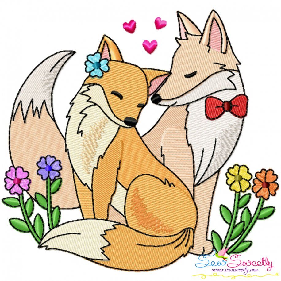 Just Married Bride and Groom Fox Valentine Embroidery Design Pattern