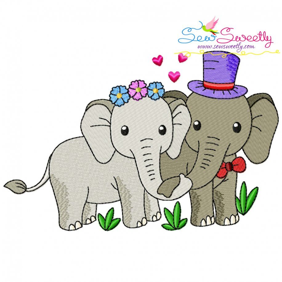 Just Married Bride and Groom Elephants Valentine Embroidery Design Pattern