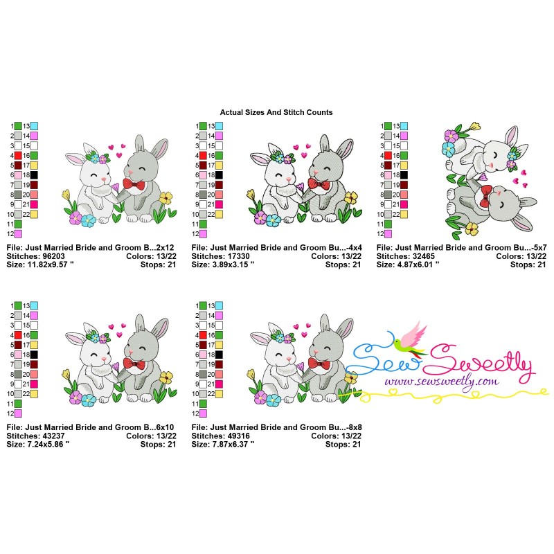 Just Married Bride and Groom Bunnies Valentine Machine Embroidery Design