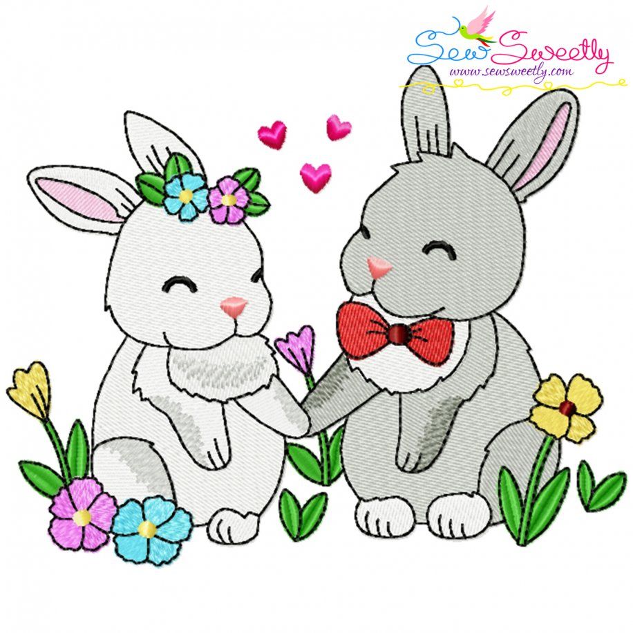 Just Married Bride and Groom Bunnies Valentine Embroidery Design Pattern