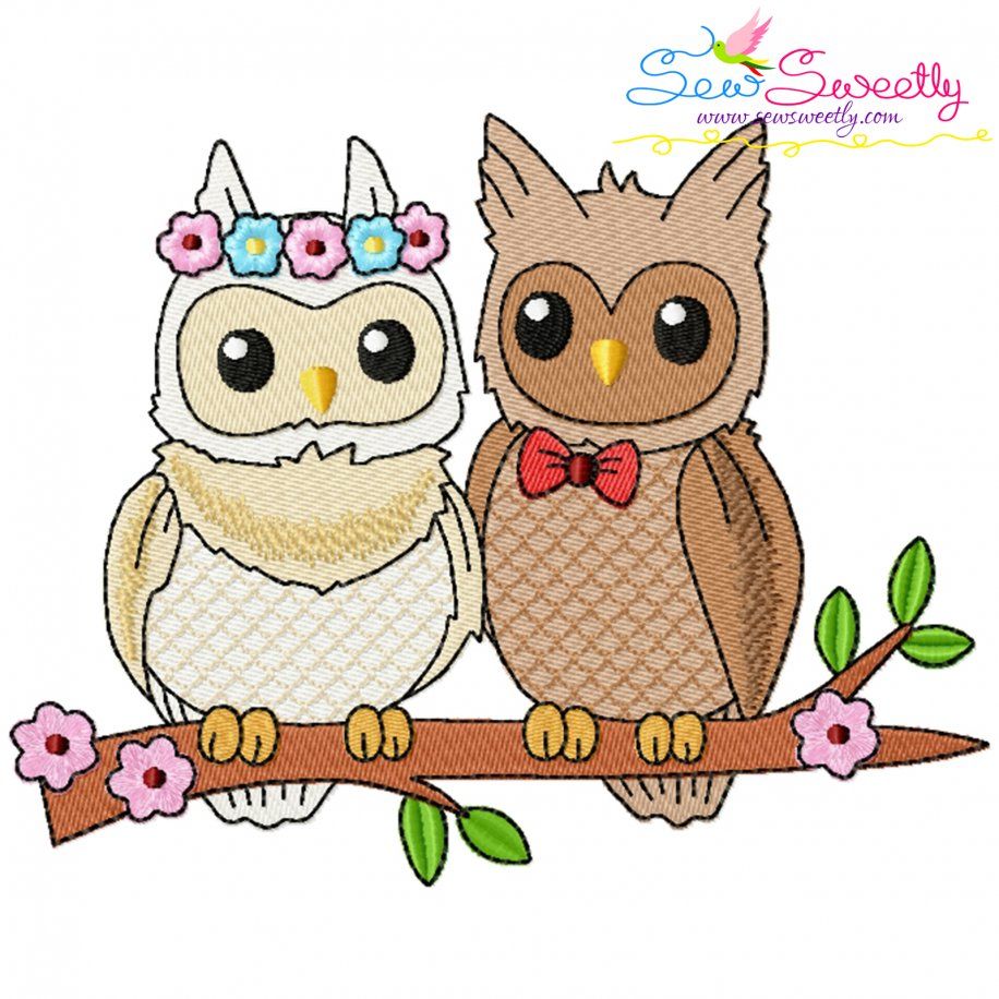 Just Married Bride and Groom Owls Valentine Embroidery Design Pattern