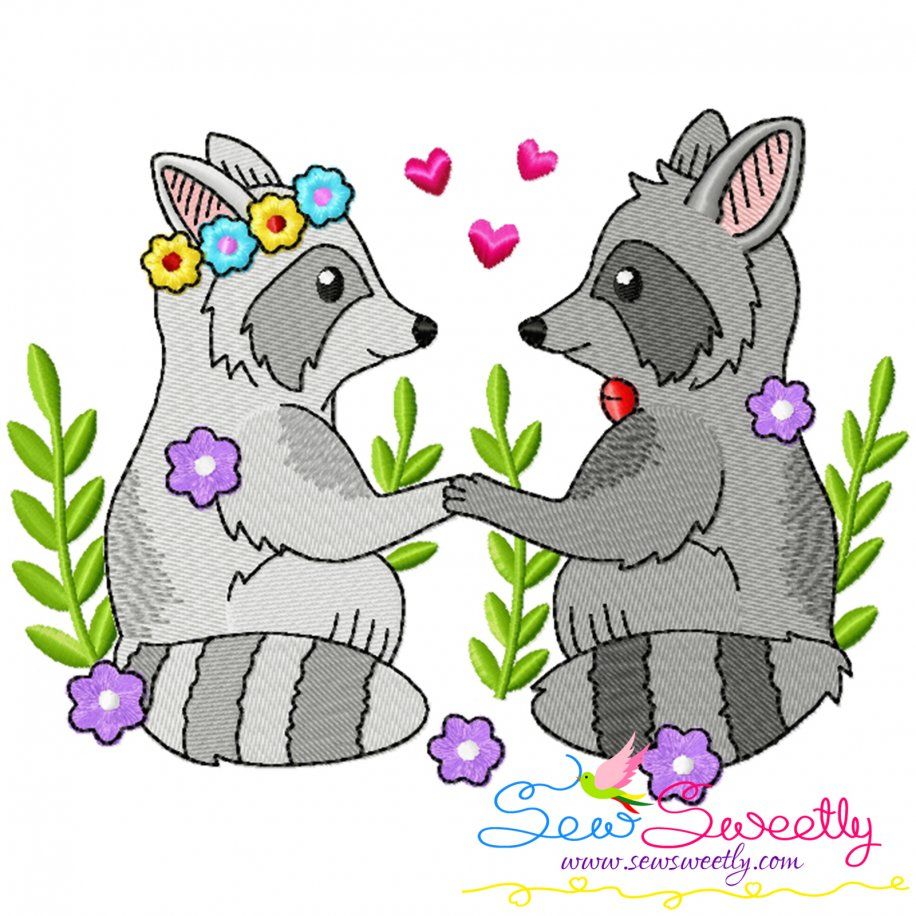 Just Married Bride and Groom Raccoons Valentine Embroidery Design