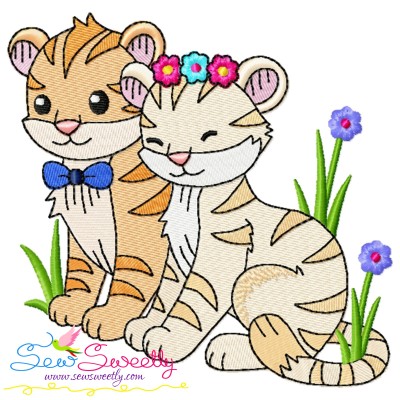 Just Married Bride and Groom Tigers Valentine Embroidery Design Pattern-1