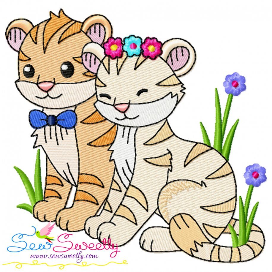 Just Married Bride and Groom Tigers Valentine Embroidery Design Pattern