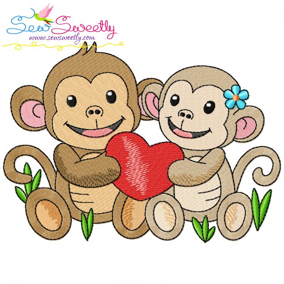 Just Married Bride and Groom Monkeys Valentine Embroidery Design Pattern