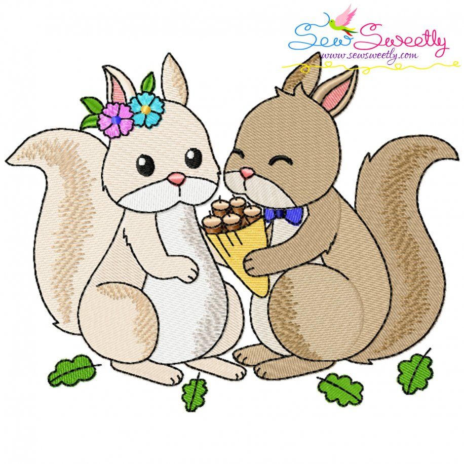 Just Married Bride and Groom Squirrels Valentine Embroidery Design Pattern