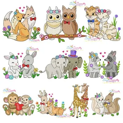 Just Married Valentine Animals Embroidery Design Bundle-1