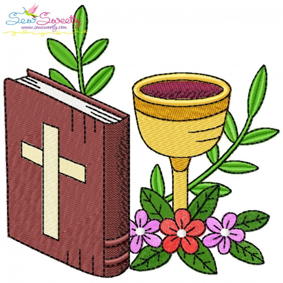 Chalice With Bible And Flowers Religious Embroidery Design Pattern