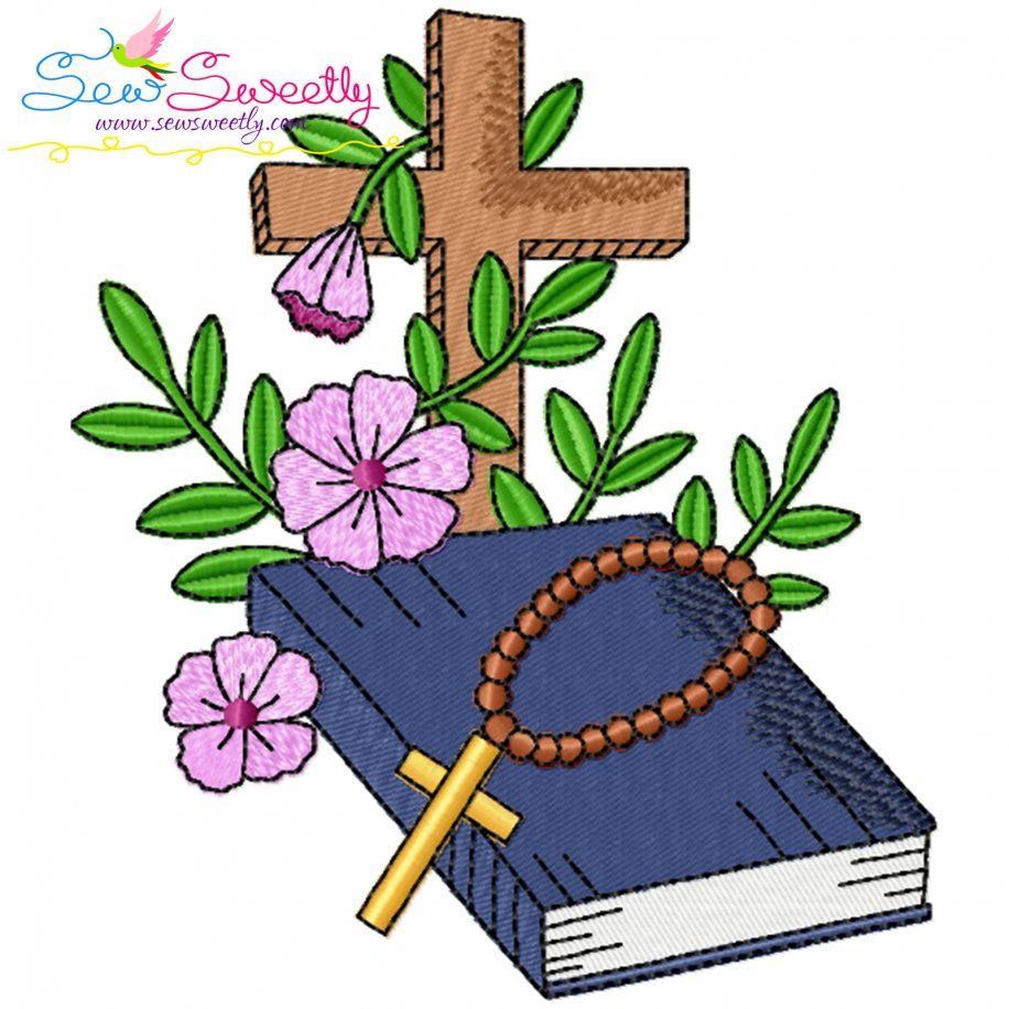 Cross With Bible Floral Religious Embroidery Design Pattern-1