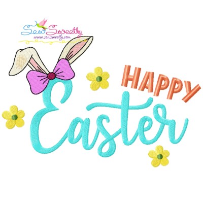 Happy Easter Bunny Ears And Bow Embroidery Lettering Design-1