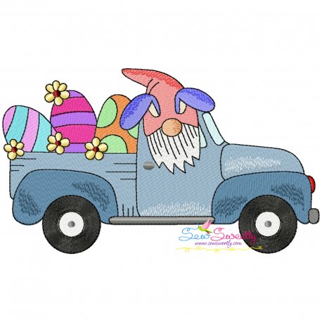 Easter Gnome Truck With Eggs Embroidery Design Pattern-1