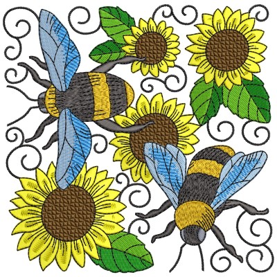 Bees And Sunflowers Quilt Block-10 Embroidery Design- 1