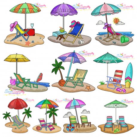 Summer Beach Chairs With Umbrella Embroidery Design Pattern Bundle-1