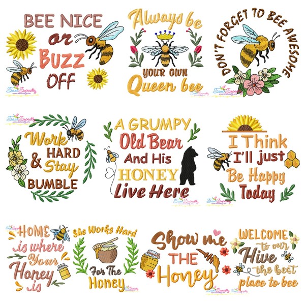 Honey Bee Lettering Embroidery Design Bundle-1