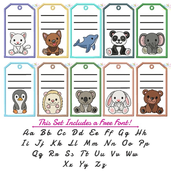 Animals Name Tags Embroidery Design Bundle With Free Font-1
