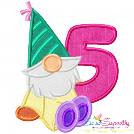 Gnome Birthday Number-5 Applique Design- 1
