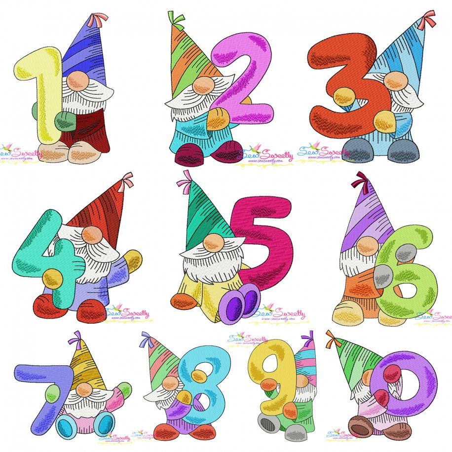 Gnome Birthday Numbers Embroidery Design Bundle- 1